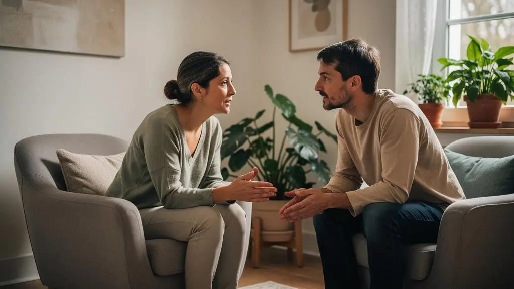 Séance d'accompagnement spirituel en cours, deux personnes assises face à face dans un espace de consultation chaleureux avec lumière naturelle