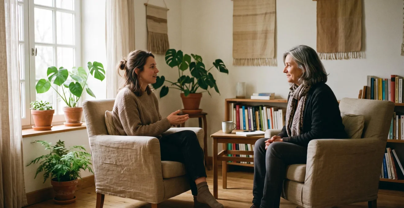 Séance d'accompagnement spirituel en cours, deux personnes assises face à face dans un espace de consultation chaleureux avec lumière naturelle
