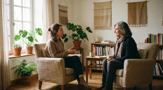 Séance d'accompagnement spirituel en cours, deux personnes assises face à face dans un espace de consultation chaleureux avec lumière naturelle