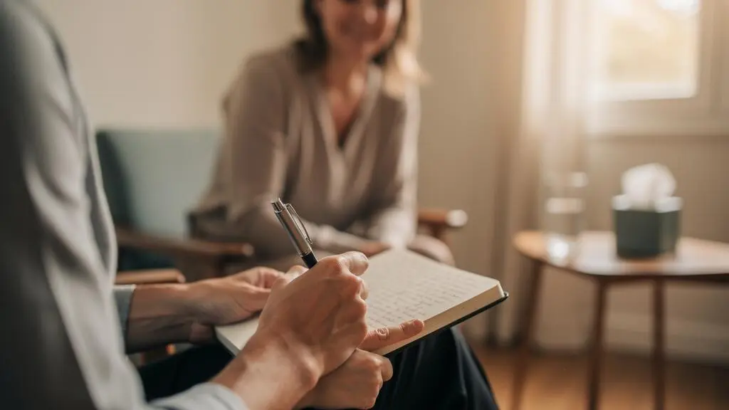 Personne écrivant dans un cahier de réflexion personnelle lors d'une séance d'accompagnement spirituel, avec accompagnant en présence