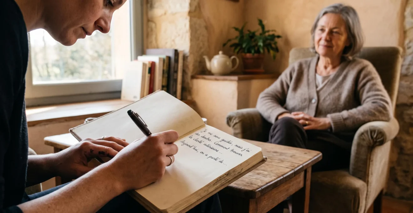 Personne écrivant dans un cahier de réflexion personnelle lors d'une séance d'accompagnement spirituel, avec accompagnant en présence